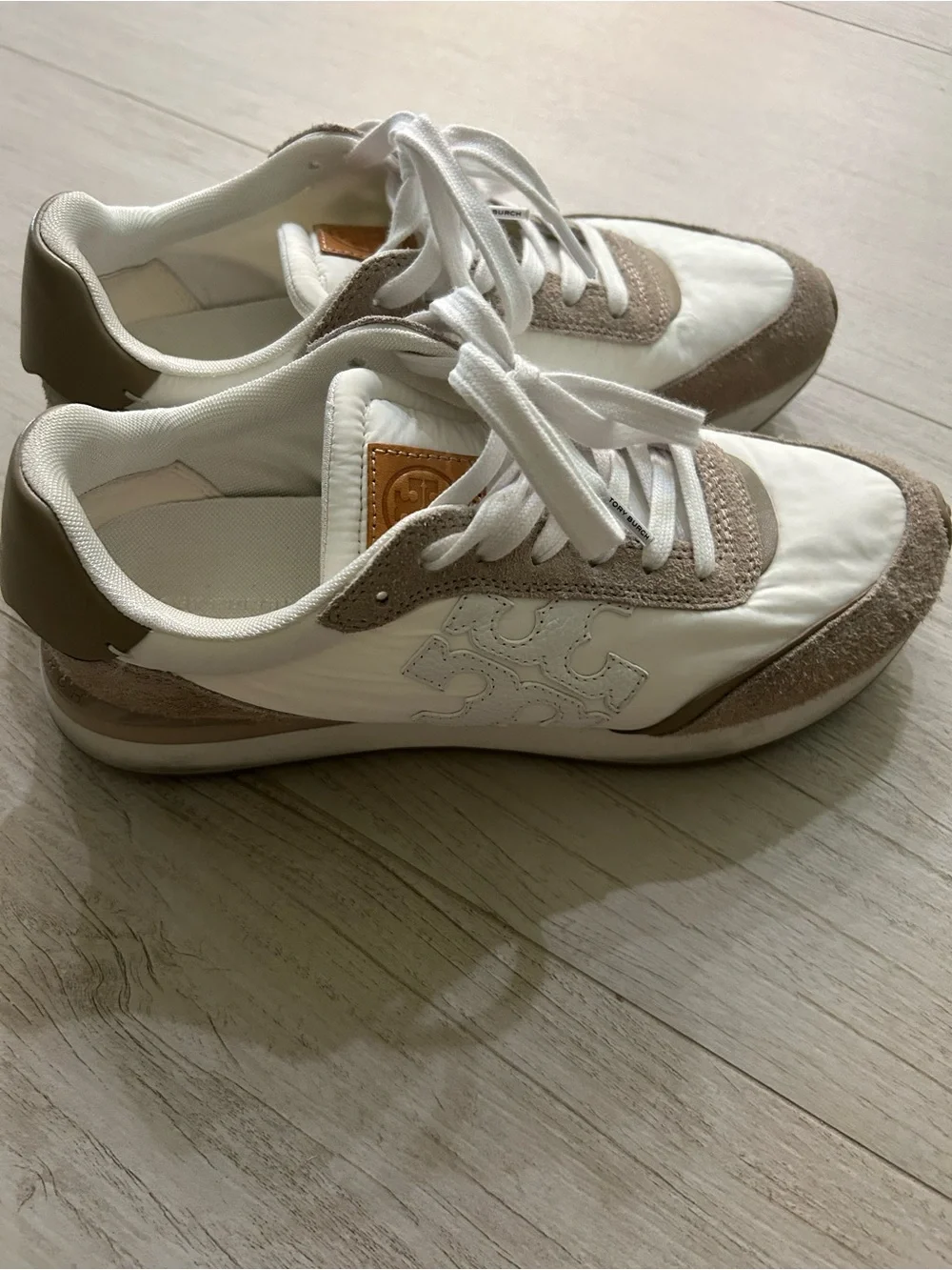 Tory Burch White and Taupe Suede-Accented Logo Sneakers